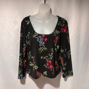 Vintage Black Floral Scoop Neck Dressy Long Sleeve Top Size Small